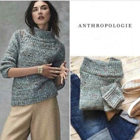 ANTHROPOLOGIE Moth Chunky Mock Neck Alpaca Knit Green Brown Blue Sweater Sz XS - Picture 4 of 10